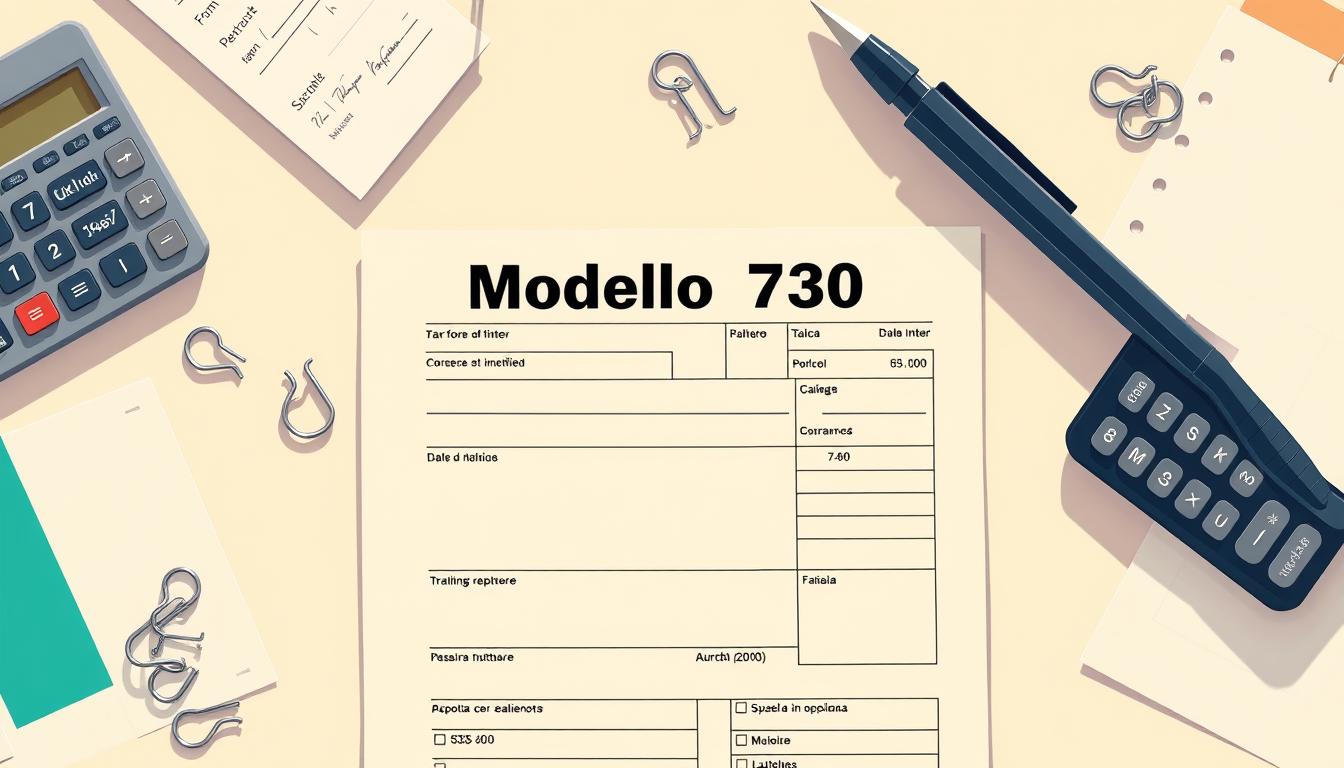 A detailed illustration of the Italian tax form "Modello 730," positioned prominently in the center of the frame. The form should be rendered in a warm, earthy color palette, with a soft, diffused lighting that casts gentle shadows. The background should feature office supplies such as a calculator, pen, and paperclips, all arranged in a visually appealing, minimalist layout. The overall mood should convey a sense of organization, professionalism, and the importance of personal finance management.