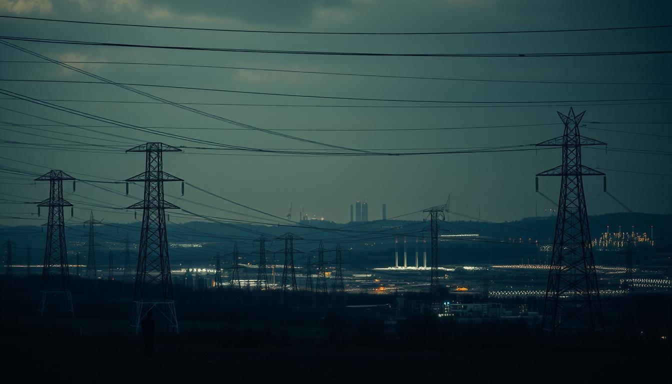 A vast, complex power grid stretches across the landscape, its intricate web of cables and transformers illuminated by a dramatic chiaroscuro of light and shadow. In the foreground, a lone figure stands contemplating the enerģētikas drošība, or energy security, that this system represents - a critical component of Latvia's economic growth and future prosperity. The middle ground features an array of energy production facilities, each one a symbol of the country's commitment to diversifying its energy mix and reducing reliance on foreign sources. In the distant background, the silhouettes of skyscrapers and industrial complexes hint at the vibrant, thriving economy that this infrastructure supports. The overall mood is one of power, dynamism, and a sense of both challenge and opportunity as Latvia navigates the complex landscape of 21st century energy security.