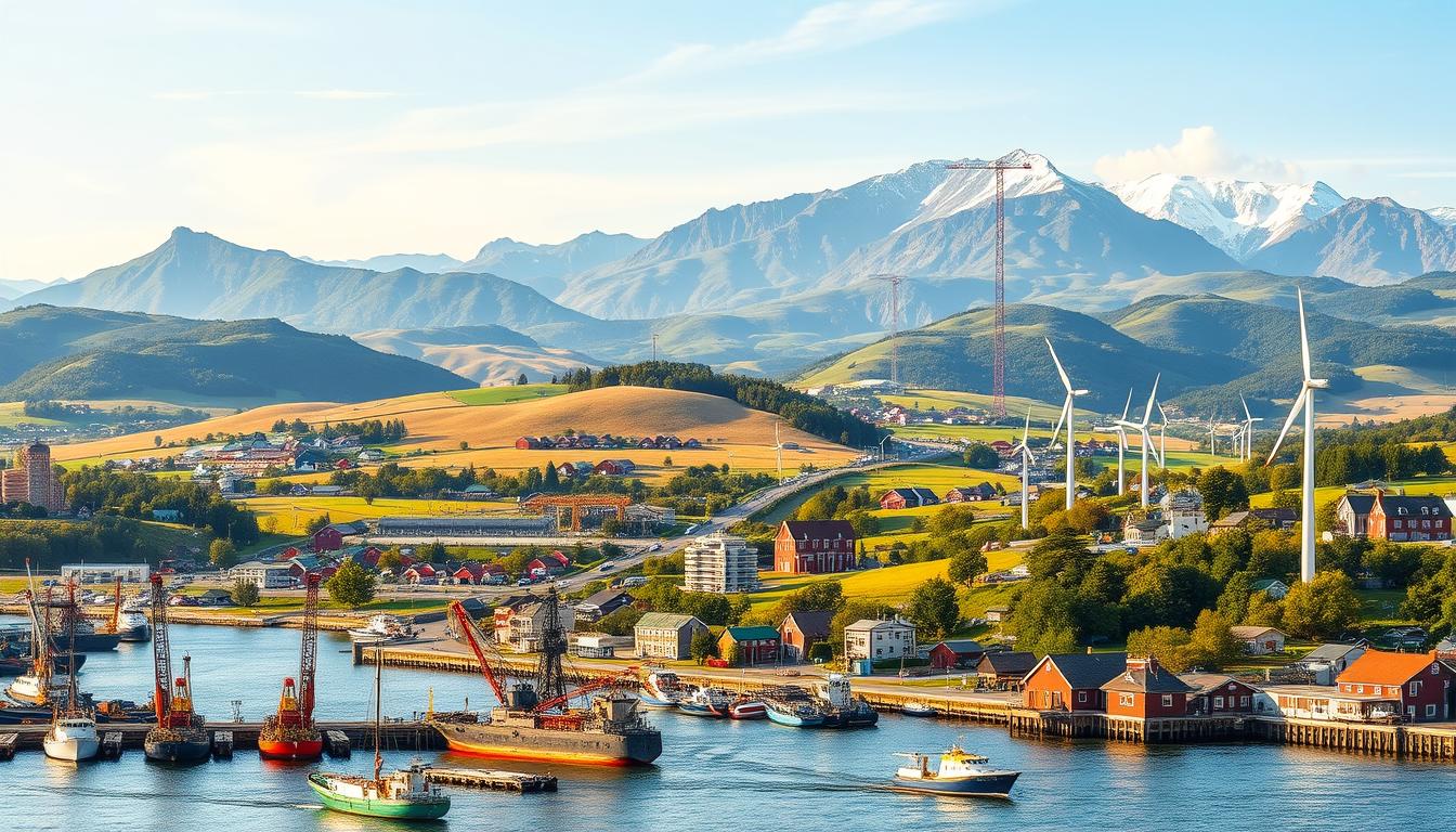 A vibrant landscape showcasing Norway's diverse income sources. In the foreground, a bustling harbor with fishing boats, oil rigs, and wind turbines, symbolizing the country's maritime and energy industries. In the middle ground, rolling hills dotted with timber mills, farms, and factories, representing the agricultural and manufacturing sectors. In the background, a majestic mountain range, hinting at Norway's natural resources and tourism potential. The scene is bathed in warm, golden light, conveying a sense of prosperity and economic vitality. The overall composition captures the multifaceted nature of Norway's economy, from its traditional industries to its emerging green technologies.