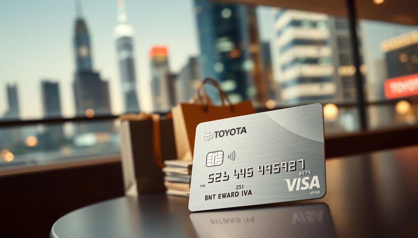 A sleek, modern Toyota Visa credit card in the foreground, with a subtle metallic sheen and a clean, minimalist design. In the middle ground, a stack of cash and some shopping bags, suggesting the card's 5% discount and reward benefits. The background features a blurred, stylized urban cityscape, with skyscrapers and neon lights, evoking a sense of financial sophistication and metropolitan lifestyle. The lighting is soft and warm, creating a premium, luxurious atmosphere. The camera angle is slightly elevated, giving the image an aspirational, desirable quality.