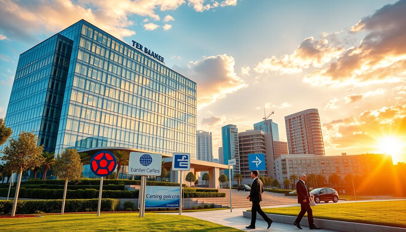 A majestic, modern banking headquarters stands tall against a vibrant, urban skyline. Gleaming glass facades reflect the sun's rays, while elegant architecture and pristine landscaping exude an air of sophistication and trustworthiness. In the foreground, various financial services logos are prominently displayed, representing the diverse offerings of the top banks and lending institutions. The scene is bathed in warm, golden lighting, creating a sense of prosperity and stability. Subtle details, such as well-dressed professionals entering the building, convey a thriving, dynamic financial center. This meticulously composed image captures the essence of the best banks and lending companies in Greece, inspiring confidence and stability.