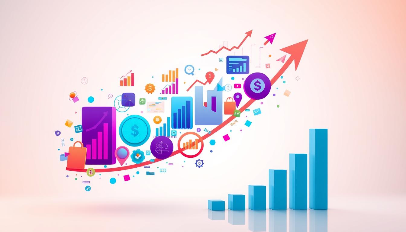 A sleek, modern financial chart composed of various colorful investment icons and data visualizations, set against a clean, minimalist background with a soft, warm lighting. The chart elements float and intertwine, creating a sense of growth, dynamism and forward momentum. The overall aesthetic is polished, professional and visually engaging, reflecting the article's focus on investment strategies and economic forecasting for the next decade.