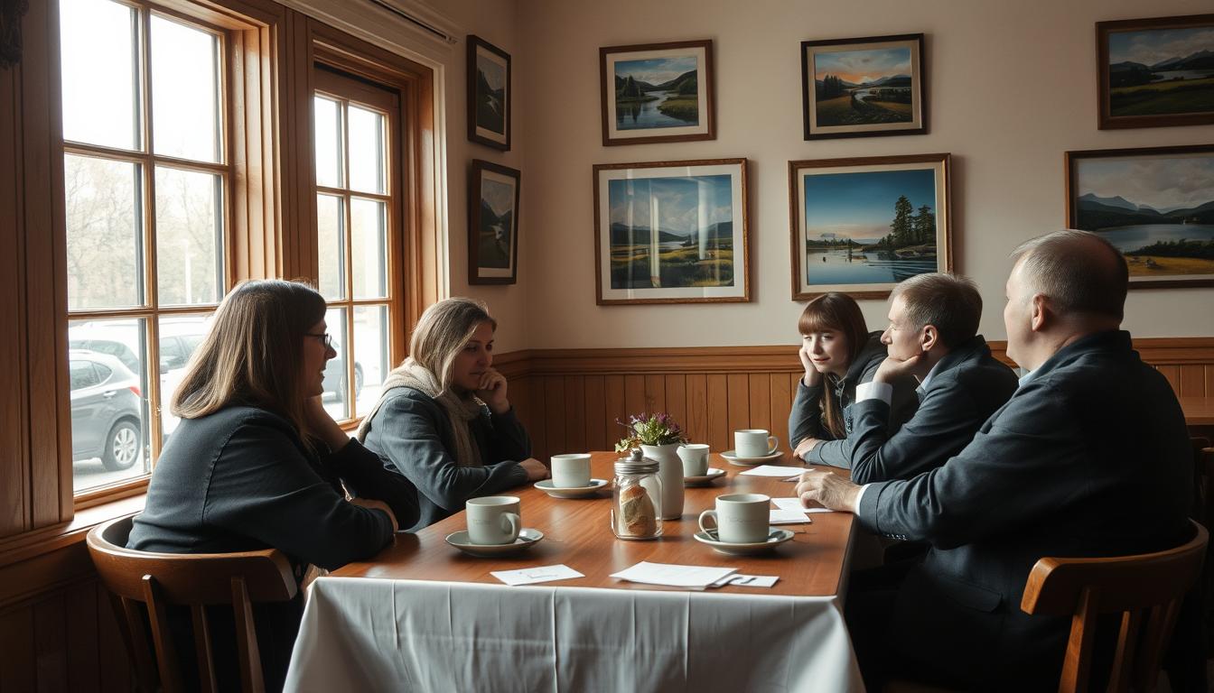 A cozy cafe interior with a group of customers seated around a wooden table, deep in conversation. The walls are adorned with framed Estonian landscape paintings, creating a warm and inviting ambiance. Soft, natural lighting filters in through large windows, casting a gentle glow on the faces of the customers as they discuss their experiences and opinions. The table is covered in a simple, white tablecloth, with cups of coffee and handwritten notes scattered across its surface, hinting at the lively exchange taking place. The scene conveys a sense of community, where people come together to share their thoughts and perspectives in a comfortable, familiar setting.