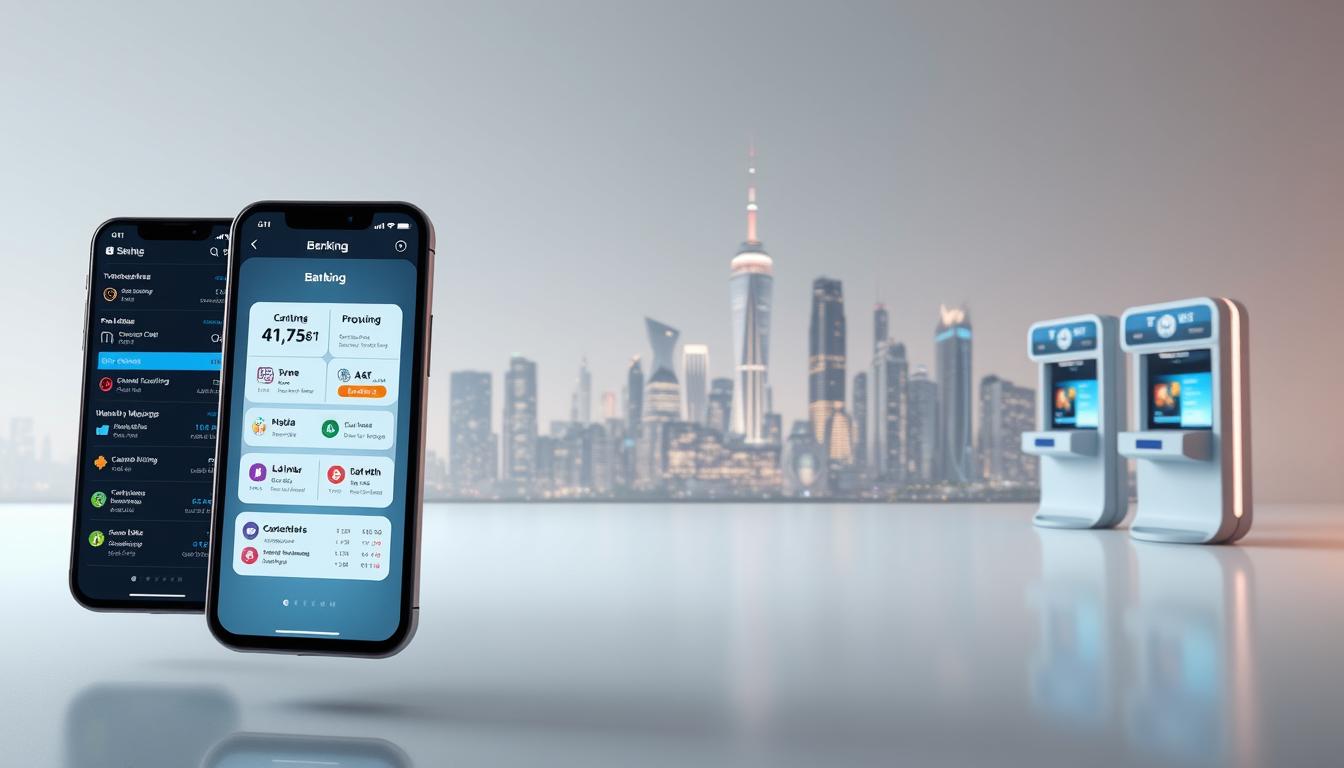 A digital banking interface floats in a serene, minimalist environment. The foreground features a sleek, modern banking app with intuitive menus, clean typography, and vibrant data visualizations. The middle ground showcases holographic banking terminals, their screens displaying real-time transaction data and wealth management tools. In the background, a futuristic city skyline shimmers, its skyscrapers adorned with dynamic digital signage. Soft, directional lighting casts a warm, inviting glow over the scene, creating a sense of technological sophistication and financial security. The overall mood is one of innovation, convenience, and a seamless integration of banking and everyday life.