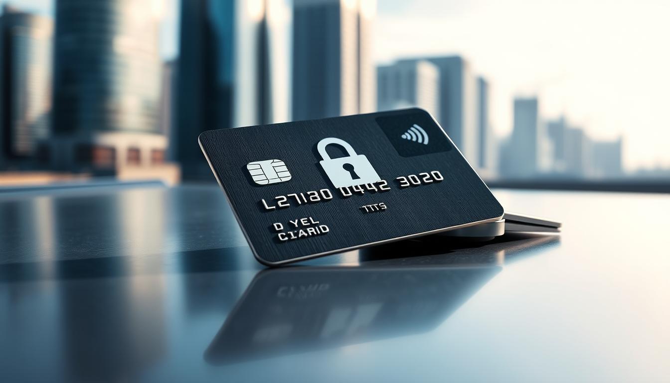 A well-secured credit card resting on a sleek metal surface, casting a subtle reflection. The card's surface is adorned with a padlock icon, symbolizing the importance of security. In the background, a blurred cityscape with tall buildings suggests the modern, digital landscape where financial transactions take place. Soft, directional lighting from the left creates a sense of depth and emphasizes the card's metallic details. The overall mood is one of sophistication, reliability, and the importance of safeguarding personal financial information.