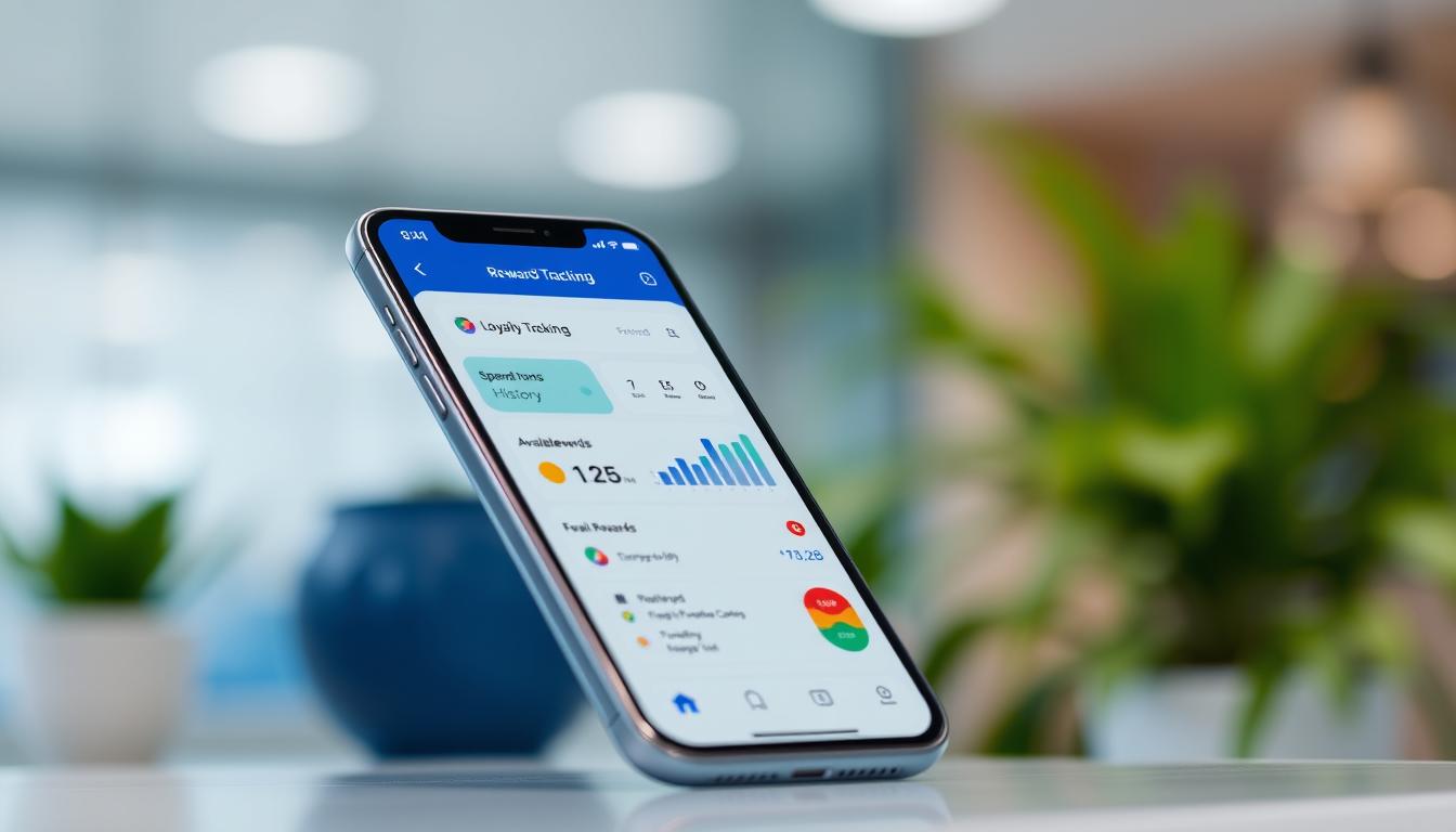 A modern mobile app interface showcasing a reward tracking dashboard. In the foreground, a sleek smartphone display presents a clean, minimalist design with colorful icons and charts visualizing loyalty points, spending history, and available rewards. The middle ground features a subtle blurred background, hinting at a banking or finance-related setting. The overall atmosphere conveys a sense of digital empowerment, convenience, and financial management at one's fingertips, reflecting the role of such applications in enhancing the user's banking experience.