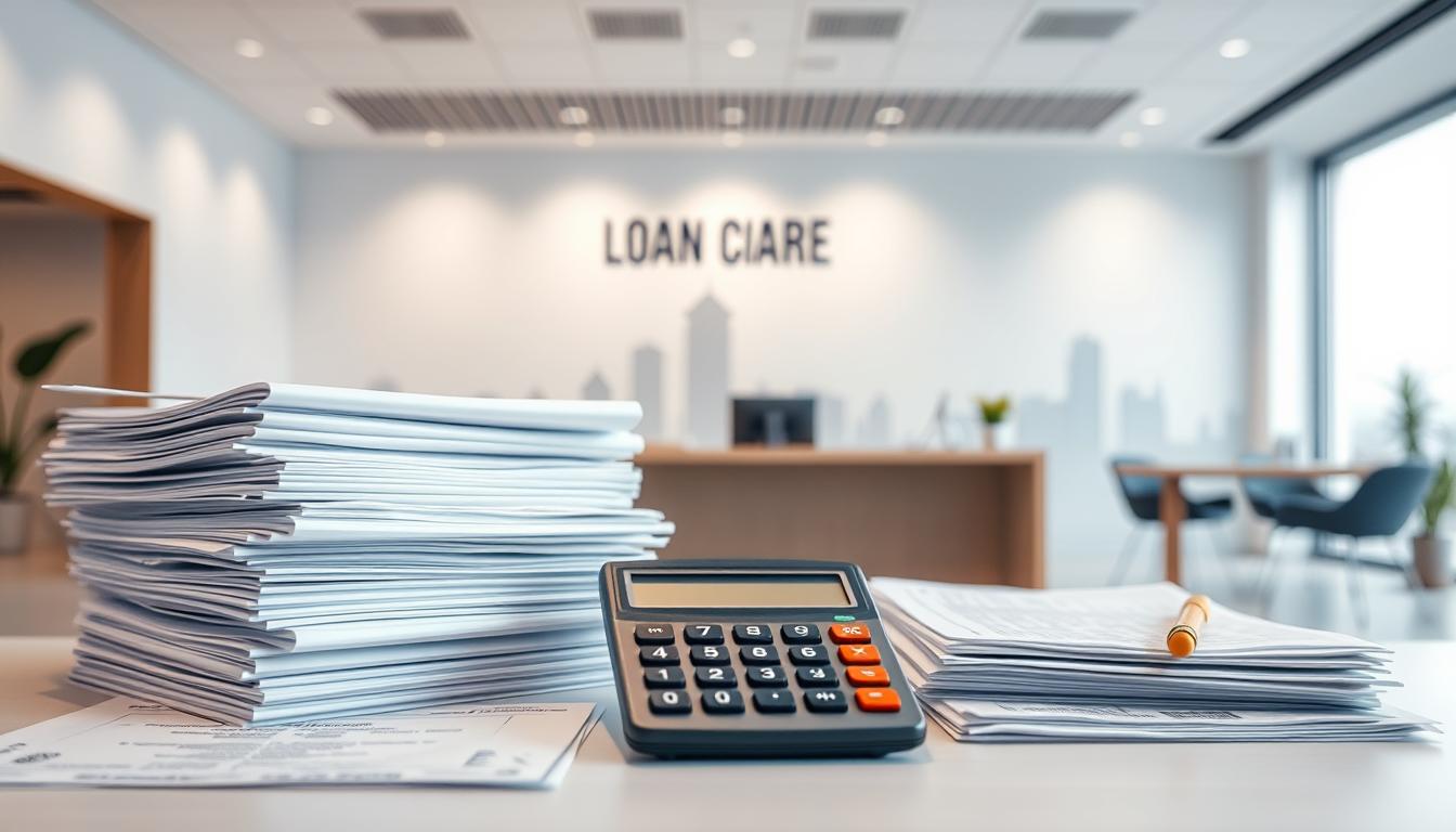 A high-quality image of "credite ipotecare 2023 România" that fits the article's subject and section title: A contemporary, minimalist composition showcasing various mortgage products and loan terms for the Romanian market in 2023. The foreground features several stacks of documents, loan application forms, and calculators, conveying the practical aspects of the banking and financing process. The middle ground depicts a modern banking office interior with clean lines, neutral tones, and subtle branding elements. The background subtly hints at the Romanian national context through architectural motifs or skyline silhouettes. The overall mood is professional, authoritative, and trustworthy, reflecting the reliable nature of the financial products on offer.