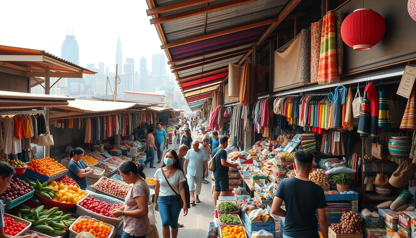 A bustling open-air market, with colorful stalls and vendors offering a diverse array of goods. In the foreground, shoppers browse through the fresh produce, haggling with the merchants. The middle ground showcases a variety of textiles, handcrafted items, and household goods, each stall a unique display of the local economy. In the background, the city skyline is visible, hinting at the broader economic shifts and changes that impact this vibrant market. The scene is bathed in warm, natural light, capturing the dynamic energy and adaptability of the market as it responds to the ebb and flow of the broader economic climate.