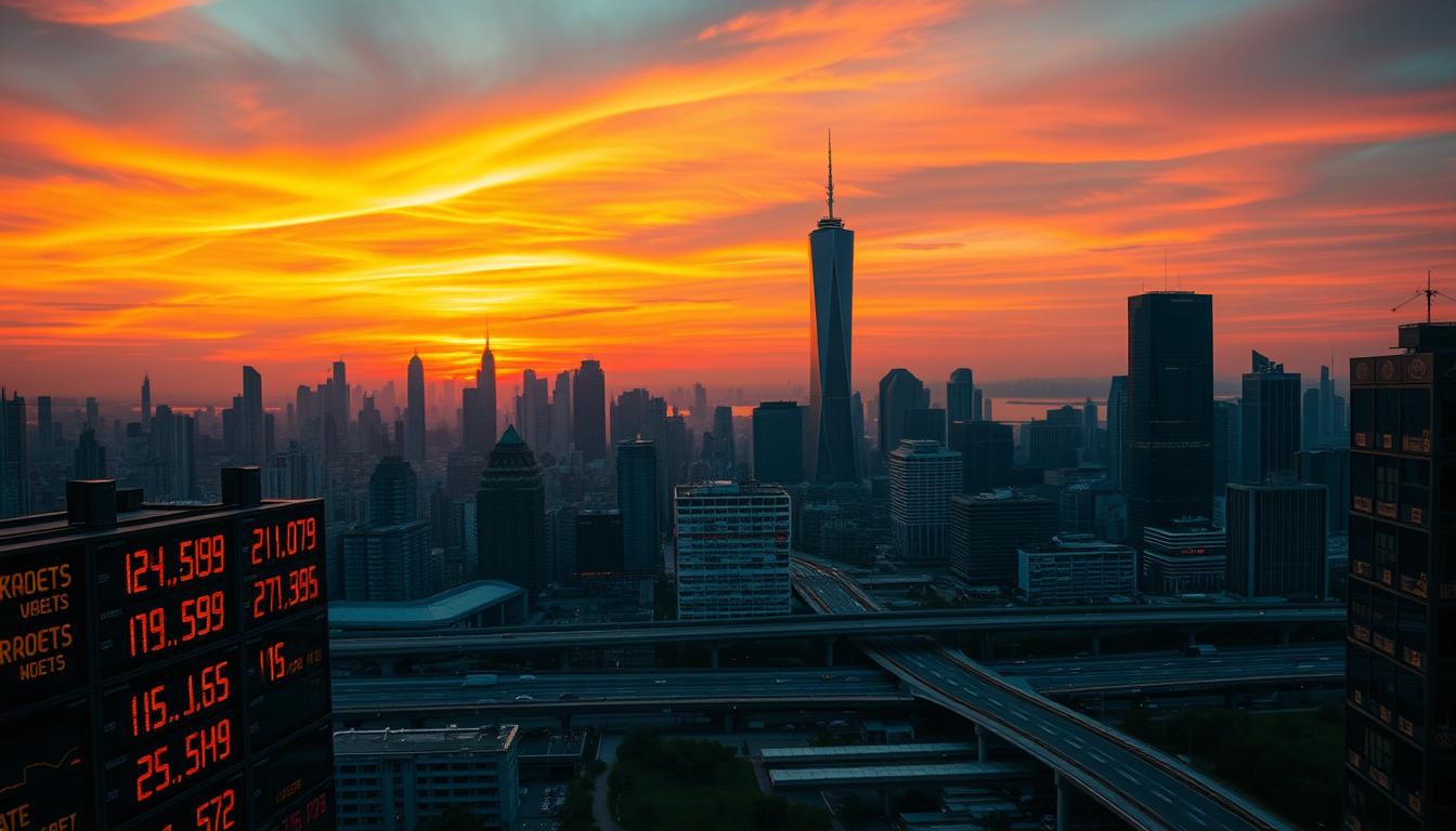 A panoramic view of a cityscape at dusk, with the skyline silhouetted against a vibrant sunset sky. In the foreground, a series of currency exchange boards display fluctuating exchange rates, casting an amber glow across the scene. The middle ground features skyscrapers and high-rise buildings, their reflective surfaces mirroring the dynamic shifts in the market. In the background, a network of highways and transportation hubs suggest the global interconnectedness of the financial system. The lighting is warm and cinematic, conveying a sense of anticipation and the ever-changing nature of the currency markets.