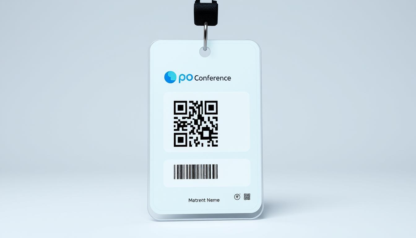 A modern, sleek digital conference badge with a minimalist design. The badge features a clean, digital-themed background with a subtle pattern or gradient, giving it a professional and cutting-edge appearance. The badge's main elements include a large QR code, a placeholder for the attendee's name, and subtle icons or graphics representing the event or industry. The overall composition is well-balanced, with a focus on simplicity and practicality, reflecting the digital nature of the conference experience. The lighting is soft and even, creating a high-quality, studio-like appearance.