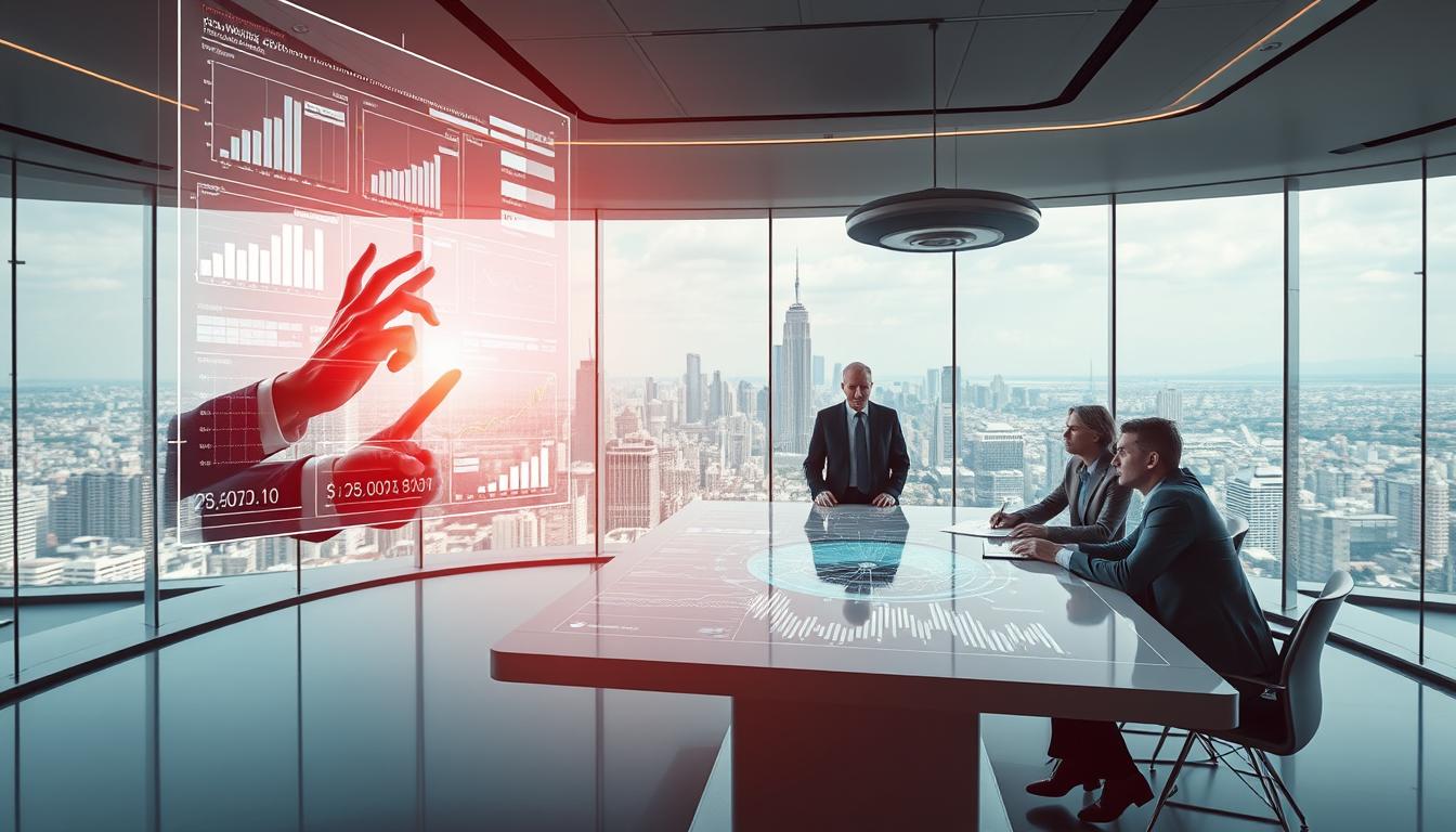 A futuristic scene of investment advisory in Greece, featuring a sleek, minimalist office space with floor-to-ceiling windows overlooking a bustling metropolis. In the foreground, a holographic display showcases financial data and investment portfolios, manipulated by the hand gestures of a financial advisor dressed in a sharp, tailored suit. The middle ground depicts a team of analysts collaborating on a touch-enabled interactive table, their expressions focused and intent. The background is a panoramic view of the city, with skyscrapers and hover vehicles in the distance, conveying a sense of technological advancement and progress. The lighting is warm and ambient, creating a sophisticated and forward-thinking atmosphere.