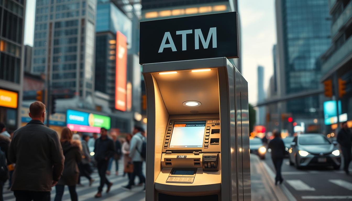 A well-lit ATM kiosk stands in the foreground, its sleek and modern design inviting passersby. The machine is positioned in a busy urban setting, surrounded by bustling pedestrians and cars. The lighting is soft and natural, creating a warm and welcoming atmosphere. The ATM's interface is clear and user-friendly, with prominent buttons and a large display screen. In the background, a blurred cityscape of skyscrapers and infrastructure adds a sense of context and scale. The overall composition conveys the idea of a convenient and accessible financial service, ready to cater to the needs of the modern urban dweller.