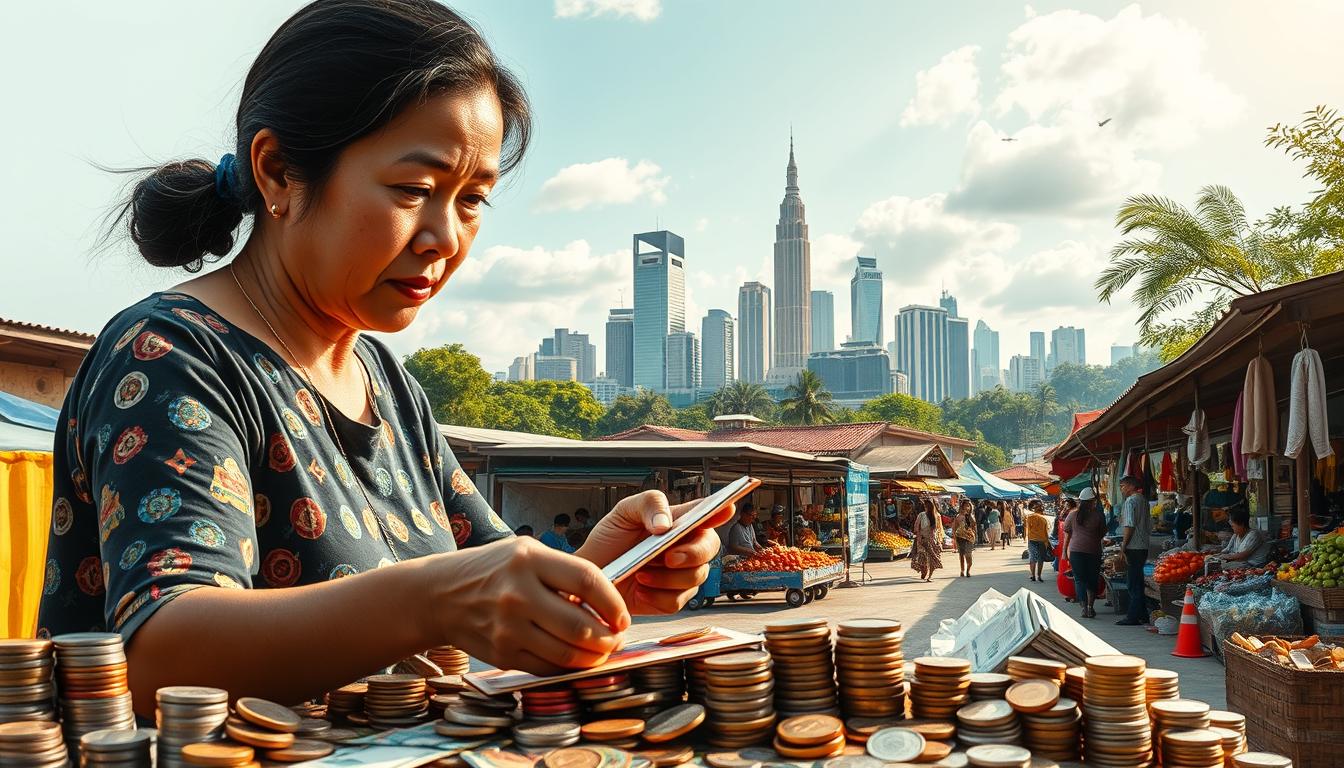 A vibrant collage showcasing the resilience of budgeting in the Philippines. In the foreground, a determined woman carefully balances her household accounts, surrounded by colorful piles of coins and bills. In the middle ground, a bustling open-air market with vendors selling a variety of goods, representing the diverse economic activities. The background depicts the iconic Philippine skyline, with skyscrapers and lush greenery, symbolizing the country's economic growth and resilience. The lighting is warm and natural, capturing the vibrant energy of the scene. The overall composition conveys a sense of financial stability and optimism, reflecting the theme of "Paggawang Badyet na Resilient sa Pagtaas ng Presyo".