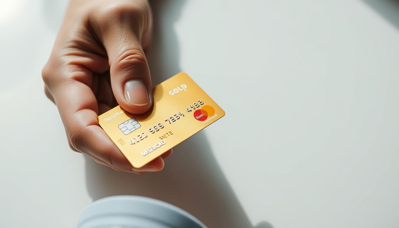 A closeup view of a person's hand holding a Mastercard Gold credit card, the card's surface reflecting light and details visible. The card is placed on a clean, minimalist surface, perhaps a wooden table or white background. The lighting is soft and natural, creating subtle shadows and highlights that accentuate the card's design elements. The composition focuses on the card, with the hand and surrounding environment providing context without distracting from the main subject. The overall mood is one of simplicity, elegance, and a sense of secure financial empowerment.