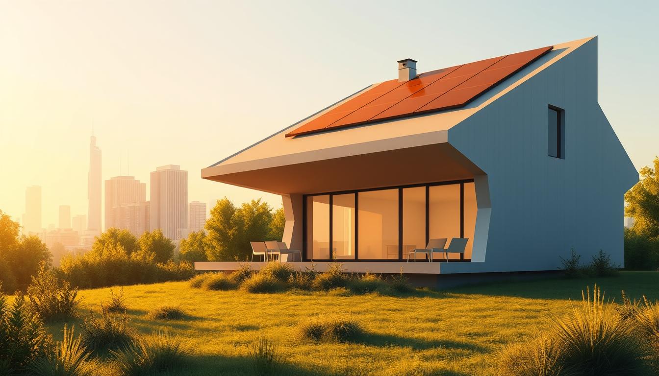 A modern, minimalist illustration of a energy-efficient home, showcasing its sustainable features. In the foreground, a sleek, angular building with large windows and solar panels on the roof, bathed in warm, golden light. In the middle ground, a lush, verdant landscape with native plants and a small garden. In the background, a cityscape with towering skyscrapers, hinting at the wider context. The overall atmosphere is one of calm, harmony, and environmental responsibility, capturing the essence of "energoefektivitāte" in the Latvian housing market.