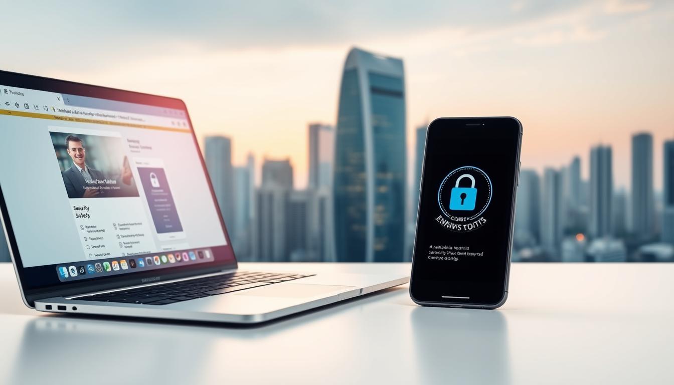 A serene desktop scene showcasing the safety of online banking. In the foreground, a laptop with a secure website interface, guarded by a strong lock icon. The middle ground features a smartphone with a banking app, its display conveying encrypted data transfer. In the background, a tranquil cityscape with high-rise buildings, evocative of a thriving financial district. Soft, warm lighting illuminates the scene, creating a sense of trust and reliability. The composition is balanced, with clean lines and a minimalist aesthetic, emphasizing the focus on online banking security.