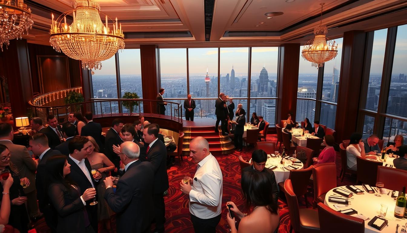 A lavish event venue adorned with crystal chandeliers, plush velvet furnishings, and a sophisticated ambiance. The foreground showcases a group of well-dressed individuals mingling and enjoying premium cocktails, their expressions conveying a sense of exclusivity and privilege. In the middle ground, a grand staircase leads to a mezzanine level, where VIP guests are seated at elegant dining tables, savoring gourmet cuisine. The background features floor-to-ceiling windows offering a panoramic view of a bustling city skyline, bathed in a warm, golden light that creates an aura of prestige and luxury. The overall scene exudes an air of refined elegance, reflecting the unique benefits and privileges reserved for Mastercard Platinum cardholders.