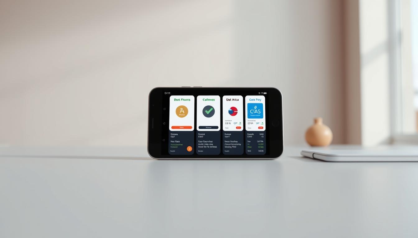 A modern, minimalist comparison of popular investment apps in South Africa. In the foreground, a sleek mobile device displays the user interfaces of several fintech apps side-by-side, each with distinct branding and features. The middle ground showcases a clean, contemporary workspace with subtle textures and muted colors, conveying a sense of professionalism and financial security. The background gently blurs, focusing the viewer's attention on the apps and the device. Soft, directional lighting accentuates the clean, modern aesthetic, creating a visually appealing and informative illustration for the article.