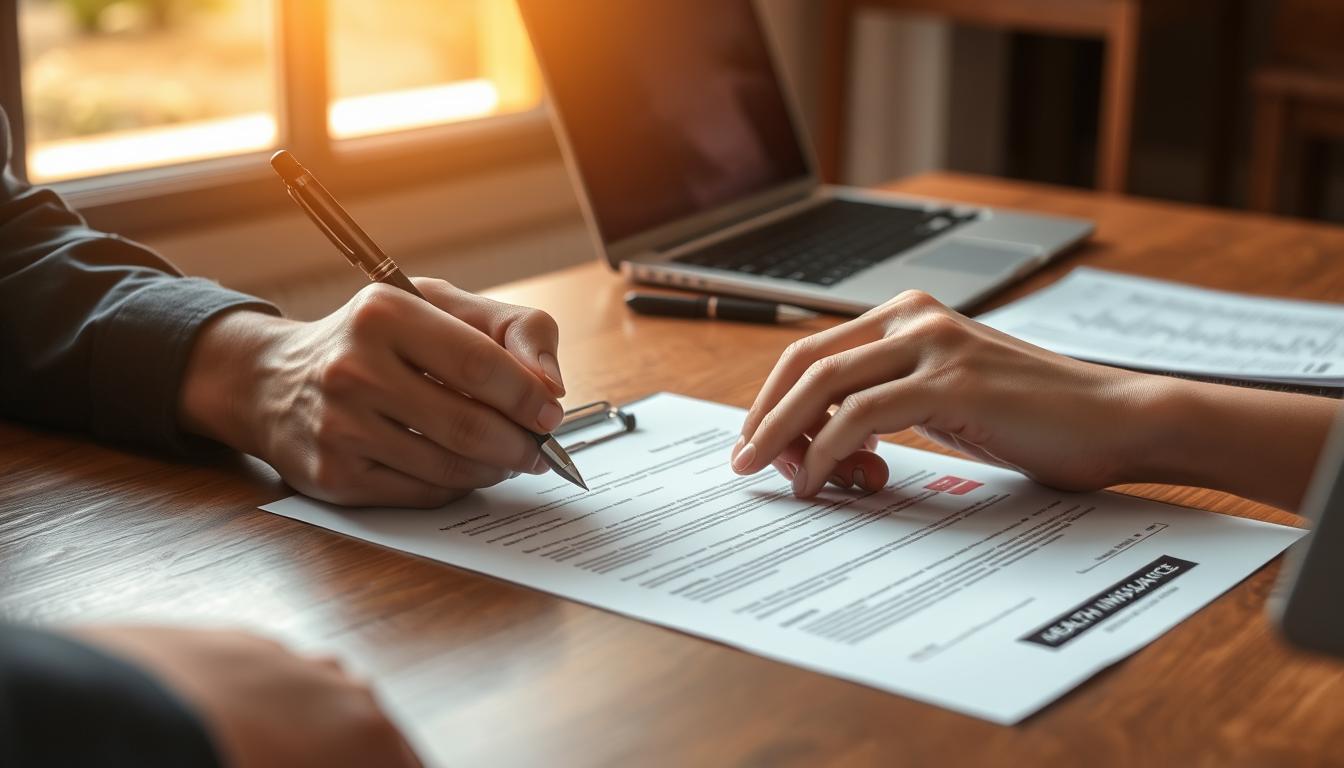 A close-up view of a person's hands carefully signing a health insurance policy document on a wooden desk. The desk is neatly organized with a pen, a small stack of documents, and a laptop. Warm, natural lighting filters in through a nearby window, creating a serene and professional atmosphere. The subject's face is not visible, but their body language conveys a sense of focus and attention to detail as they complete the insurance subscription process. The image captures the key moment of finalizing the healthcare coverage, emphasizing the importance of the procedure and the care taken during this crucial step.