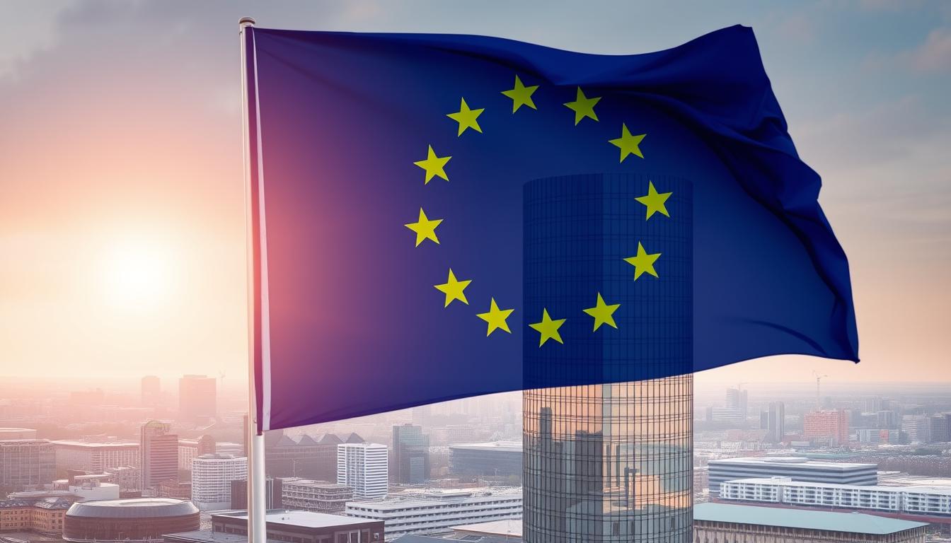 A majestic European Union flag boldly unfurling against the backdrop of the Latvian skyline, casting a warm glow over the bustling cityscape. In the foreground, a sleek, modern financial building stands tall, its gleaming glass facade reflecting the vibrant colors of the flag. The scene is bathed in soft, diffused lighting, creating a sense of depth and atmosphere. The overall composition conveys a harmonious blend of international influence and national identity, symbolizing the intricate relationship between Latvia and the European Union.