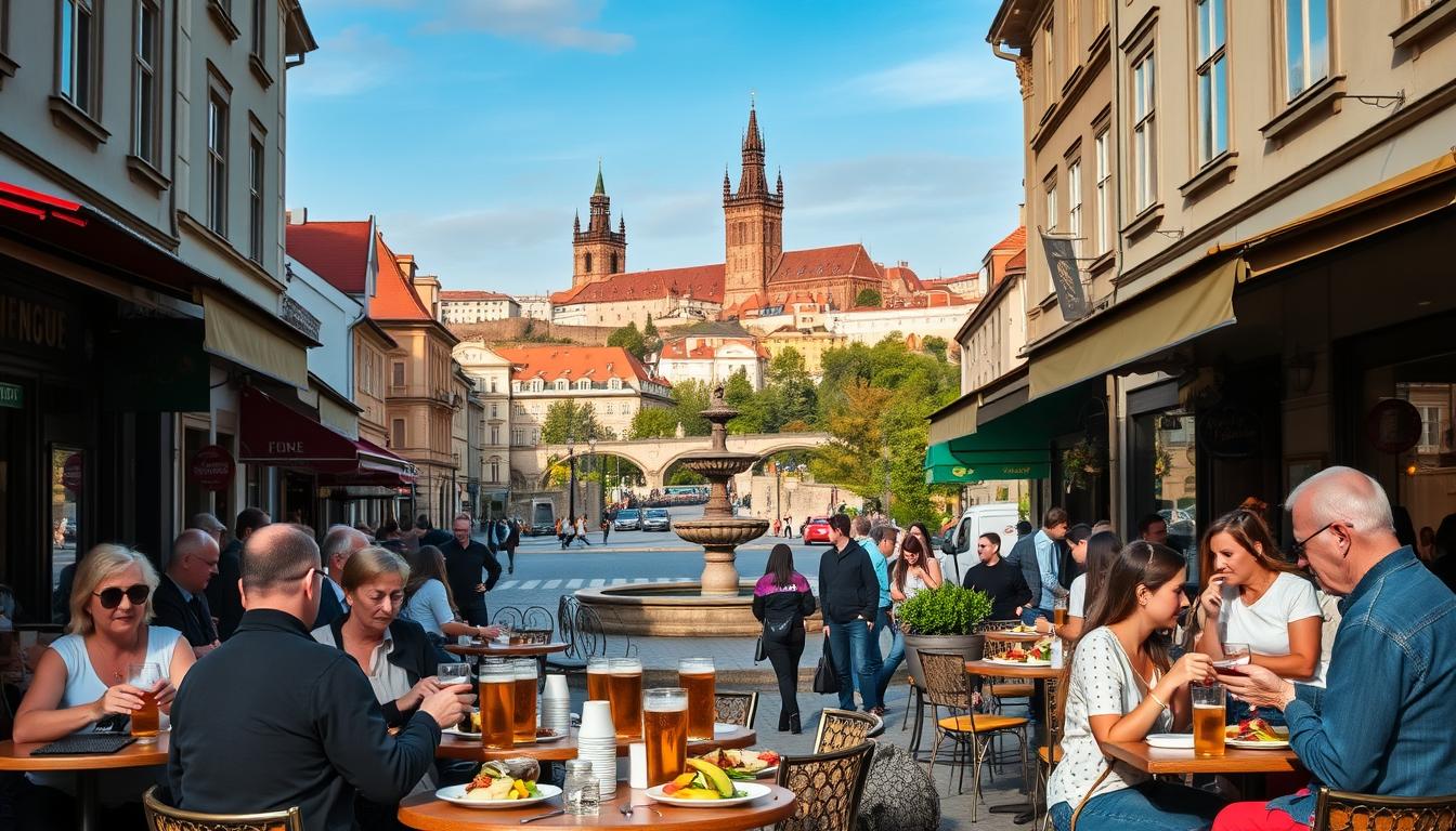 A bustling street in the heart of Prague, lined with cozy cafes and casual eateries. In the foreground, a group of locals and tourists enjoying a leisurely lunch, savoring traditional Czech dishes and sipping on local craft beers. The middle ground features a quaint square, with a historic fountain and charming architecture framing the scene. In the background, the spires of Prague Castle and the iconic Charles Bridge create a picturesque skyline, bathed in warm, golden light. The atmosphere is one of relaxation and culinary delight, capturing the essence of affordable and authentic dining experiences in the vibrant city of Prague.