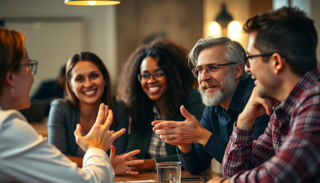 A group of people gathered around a table, engaged in lively discussion. The lighting is warm and inviting, casting a soft glow on their faces as they share their experiences and opinions. The background is slightly blurred, focusing the viewer's attention on the central scene. The expressions on the participants' faces range from animated gestures to thoughtful contemplation, capturing the essence of an authentic conversation. The overall atmosphere conveys a sense of camaraderie and openness, inviting the viewer to imagine themselves as part of the discussion.