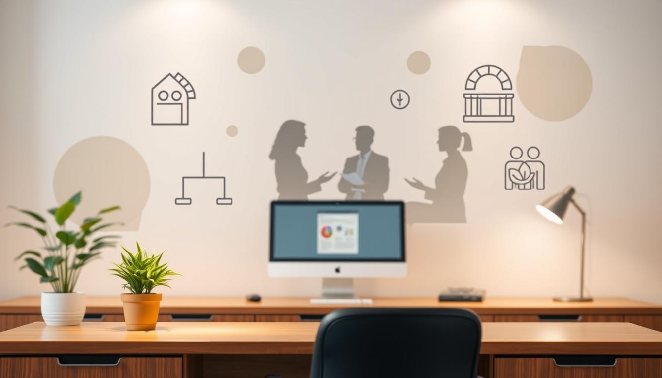 A serene office setting with various counseling services represented through symbolic icons. In the foreground, a warm-toned desk with a potted plant and a computer monitor displaying an organizational chart. In the middle ground, silhouettes of people in discussion, conveying the collaborative nature of counseling. The background features a muted, pastel-colored wall with abstract shapes and patterns, creating a calming, professional atmosphere. Soft, diffused lighting illuminates the scene, enhancing the sense of tranquility and expertise. The overall composition aims to convey the diverse types of counseling services available to organizations, focusing on the personalized, thoughtful approach to supporting their needs.