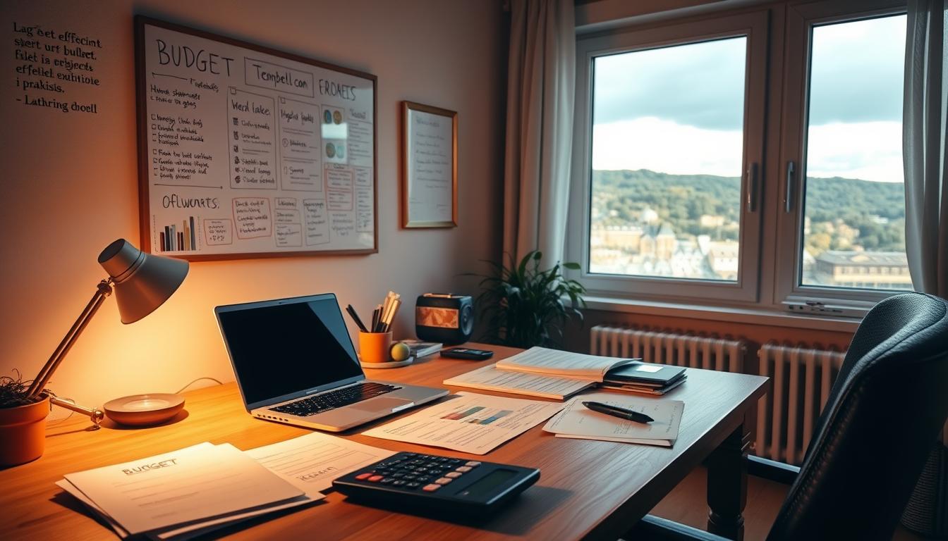 A cozy home office setup, with a laptop, calculator, and various financial documents neatly arranged on a wooden desk. The room is bathed in warm, soft lighting, creating a focused and productive atmosphere. A vision board or whiteboard hangs on the wall, displaying budgeting strategies and financial goals. In the background, a window overlooking a scenic cityscape or lush greenery, symbolizing the freedom and control that an effective budget can provide. The overall scene conveys a sense of organization, clarity, and empowerment, reflecting the "Lag et effektivt budsjett som fungerer i praksis" section of the article.