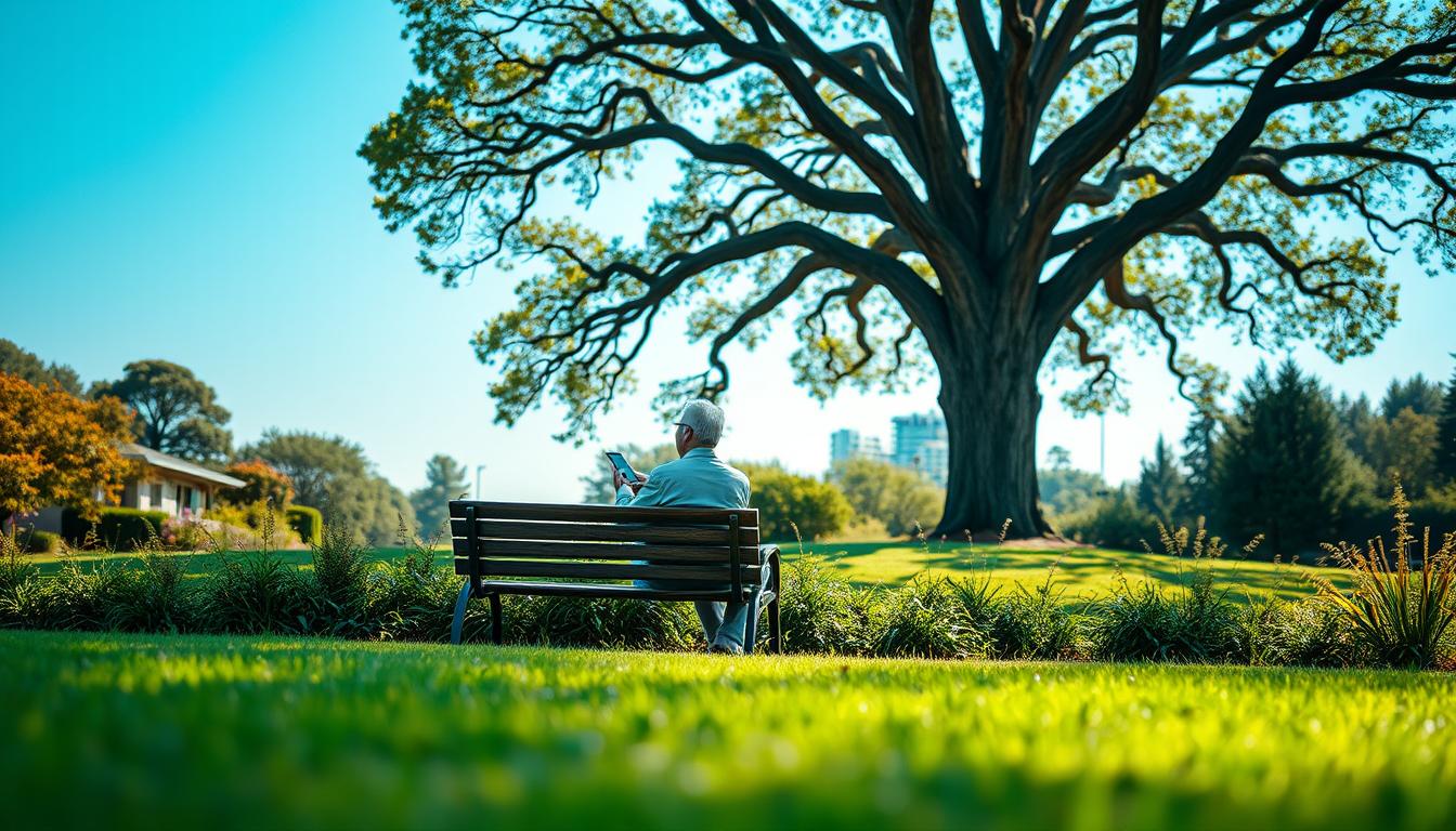 A tranquil scene of a retiree sitting in a serene garden, contemplating their financial future. In the foreground, a well-manicured lawn and lush greenery set the stage. In the middle ground, a park bench where the retiree sits, dressed in comfortable attire, gazing thoughtfully at a tablet or smartphone. The background features a towering oak tree, its branches casting dappled shadows, and a clear, blue sky that conveys a sense of calm and serenity. The lighting is soft and natural, creating a warm, inviting atmosphere. The overall composition evokes a sense of financial security and peace of mind, reflecting the "inflation protection pension" and "managing risk and inflation in retirement planning" themes.