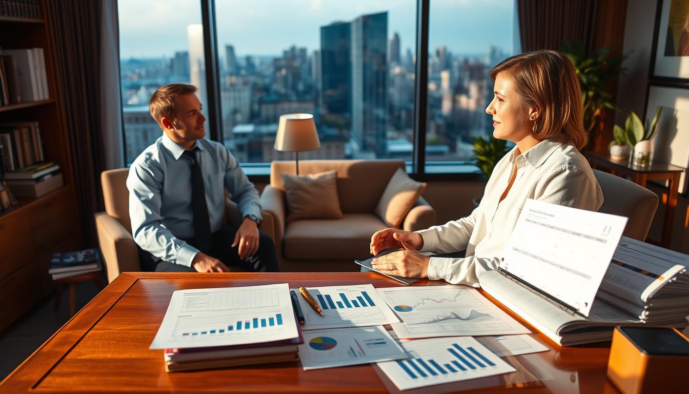A professional financial advisor's office, filled with a warm, inviting atmosphere. Soft, natural lighting illuminates the space, casting a cozy glow on the wooden furniture and plush upholstery. In the foreground, a tasteful array of investment-related documents and charts are neatly arranged on a polished desk, conveying a sense of expertise and diligence. The middle ground features a comfortable seating area, where a client and advisor engage in a thoughtful discussion, their expressions conveying the importance of the financial decisions at hand. In the background, a large window overlooks a bustling city skyline, symbolizing the far-reaching impact of the investment services offered. The overall scene exudes an air of professionalism, trust, and a commitment to guiding clients towards their financial goals.