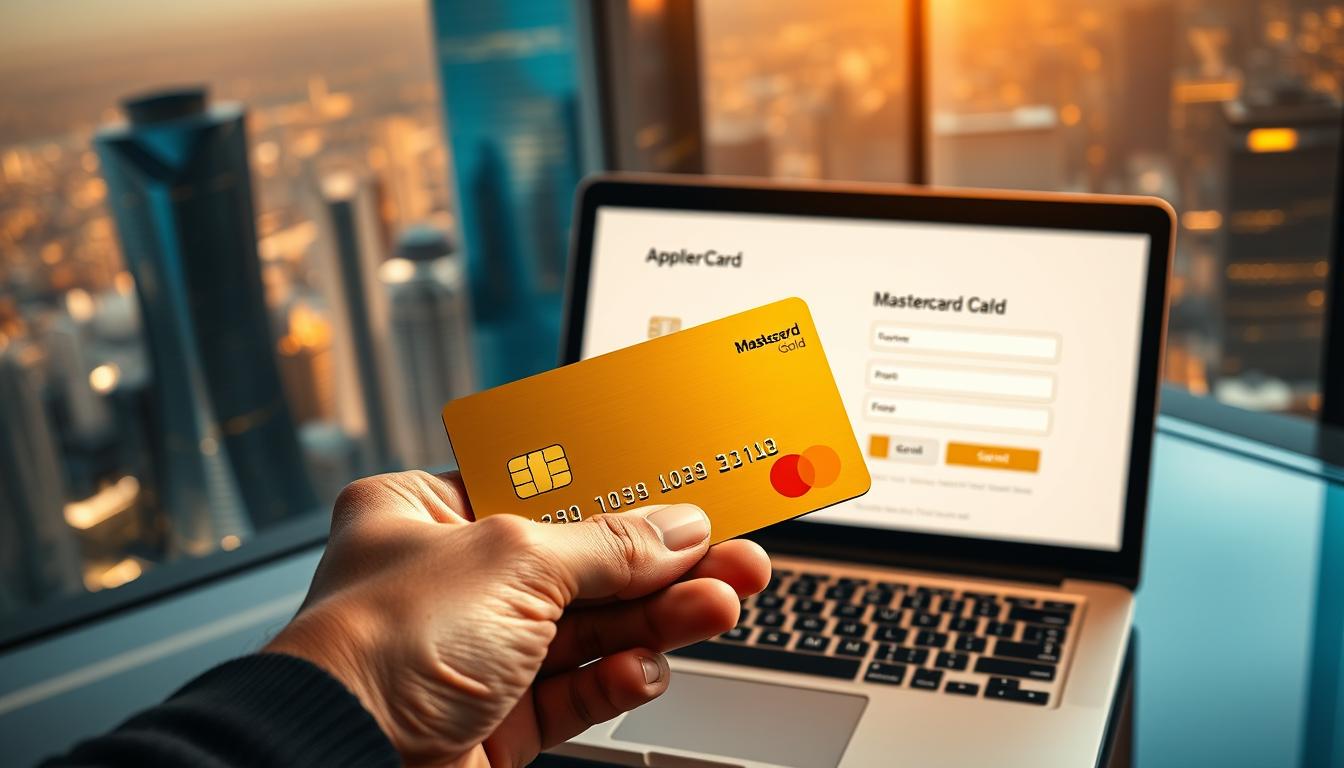 A crisp, high-resolution image showcasing the steps to obtain a Mastercard Gold card. In the foreground, a person's hand holds a silver Mastercard Gold card against a sleek, modern background. The middle ground features a laptop displaying an online application form, with various input fields and a "Submit" button. In the background, a cityscape with tall glass skyscrapers and a vibrant, dynamic atmosphere creates a sense of prestige and exclusivity. Warm, directional lighting illuminates the scene, casting subtle shadows and highlights to emphasize the card's premium design. The overall composition conveys a streamlined, elegant, and aspirational experience of obtaining the coveted Mastercard Gold.