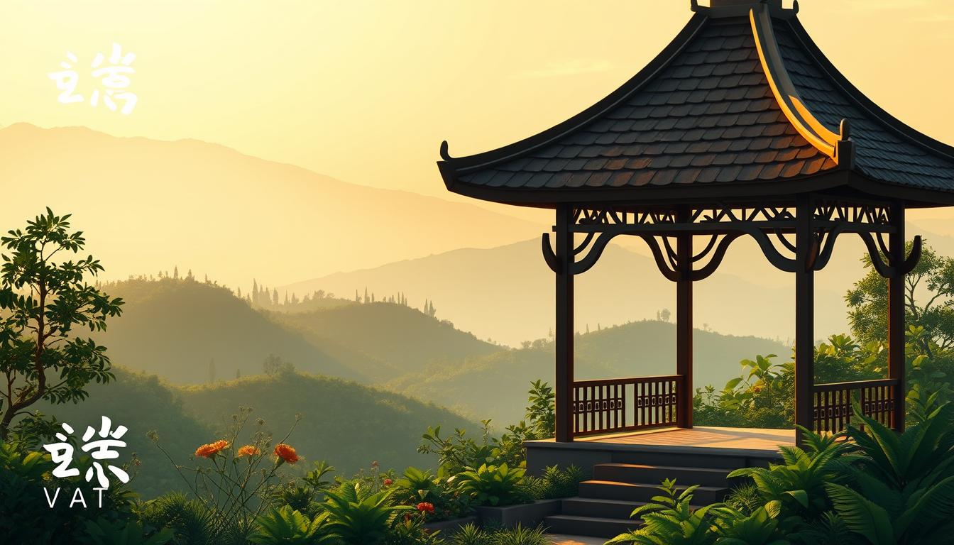 A serene illustration of "ข้อยกเว้น VAT" showcasing a tranquil Thai landscape. In the foreground, a traditional Thai-style pavilion stands amid lush greenery, its intricate roofline casting delicate shadows. The middle ground features rolling hills dotted with vibrant flora, while the background depicts a hazy, mountainous horizon bathed in a warm, golden glow. The composition conveys a sense of harmony and simplicity, reflecting the essence of the "ข้อยกเว้น VAT" concept. Soft, diffused lighting creates a calming atmosphere, inviting the viewer to contemplate the subject matter. Overall, the image aims to visually represent the exemptions and tax privileges within Thailand's value-added tax system.