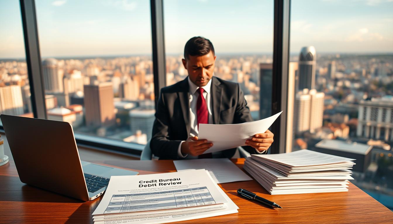A sleek, modern office interior with floor-to-ceiling windows overlooking the Johannesburg skyline. In the foreground, a wooden desk holds a laptop, pen, and a stack of documents labeled "Credit Bureau Debt Review". The middle ground features a well-dressed professional reviewing financial statements, their expression serious yet contemplative. The background showcases the city's bustling cityscape, conveying a sense of the impact this process can have on one's financial future. Warm, directional lighting casts dramatic shadows, emphasizing the gravity of the situation. A clean, minimalist aesthetic underscores the importance of responsible credit management.