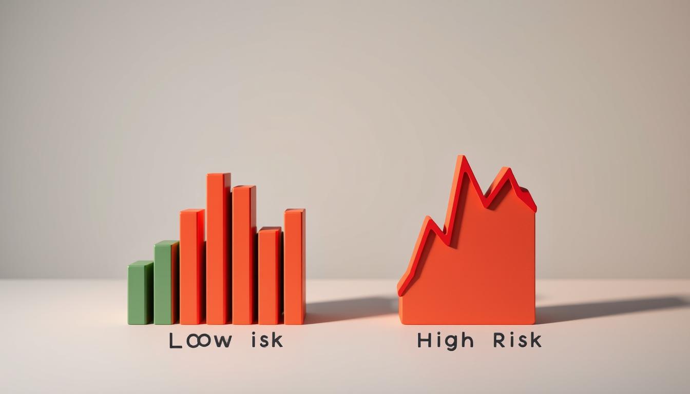 Detailed comparison of low-risk vs high-risk investments, portrayed through two stacked bar charts on a clean, minimalist background. The low-risk chart is presented on the left, rendered in muted blues and greens to convey stability and security. The high-risk chart on the right uses bold reds and oranges, with jagged edges to symbolize volatility and uncertainty. Both charts are rendered with a subtle 3D effect, creating depth and dimensionality. The background is a soft, neutral gray tone, allowing the charts to take center stage. Warm, directional lighting casts subtle shadows, adding depth and drama to the scene. The overall composition is balanced and visually striking, effectively conveying the key differences between low-risk and high-risk investment strategies.