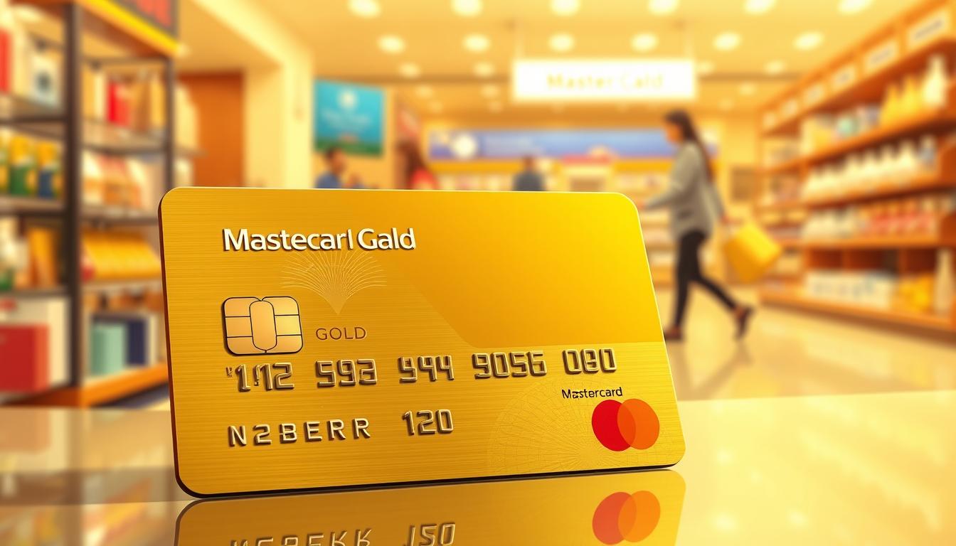 a highly detailed and photorealistic illustration of a Mastercard Gold credit card, with a focus on the "προστασία αγορών" (purchase protection) feature. The card should be prominently displayed in the foreground, capturing the intricate design, texture, and finish of the physical card. In the middle ground, depict a shopping scene, with various consumer products and a person making a purchase, to convey the concept of purchase protection. The background should have a warm, golden tone, with subtle hints of financial security and consumer confidence. The overall composition should be balanced, with clean lines and a harmonious color palette, creating a sense of premium quality and reliability associated with the Mastercard Gold card.