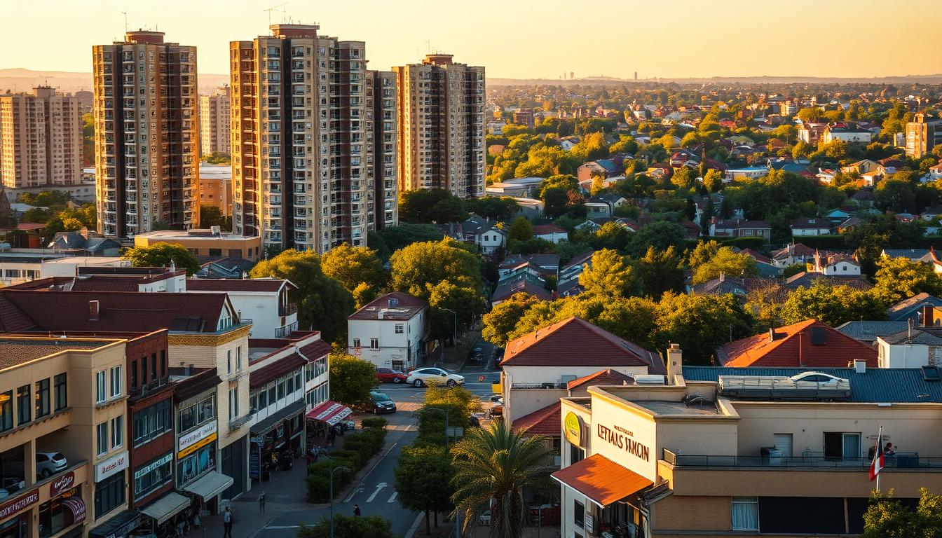 A cityscape contrasting the vibrant center with the quieter outskirts. In the foreground, a bustling urban street lined with shops, cafes, and pedestrians. In the middle ground, towering high-rise apartments in a mix of architectural styles. The background slowly fades into a more residential, tree-lined neighborhood, with smaller homes and less dense development. Warm, golden-hour lighting bathes the scene, creating a sense of tranquility and balance between the two distinct areas. A wide-angle lens captures the dynamic relationship between the city center and its surrounding periphery.