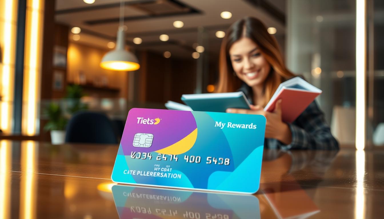 A vibrant, well-designed credit card lies in the foreground, reflecting a warm, inviting atmosphere. In the middle ground, a customer examines their purchases, delighted by the rewards they've accrued. The background showcases a sleek, modern financial office, conveying a sense of professionalism and reliability. The lighting is soft and natural, highlighting the card's features and the customer's satisfied expression. The overall scene evokes a feeling of financial empowerment and the benefits of responsible credit card usage.