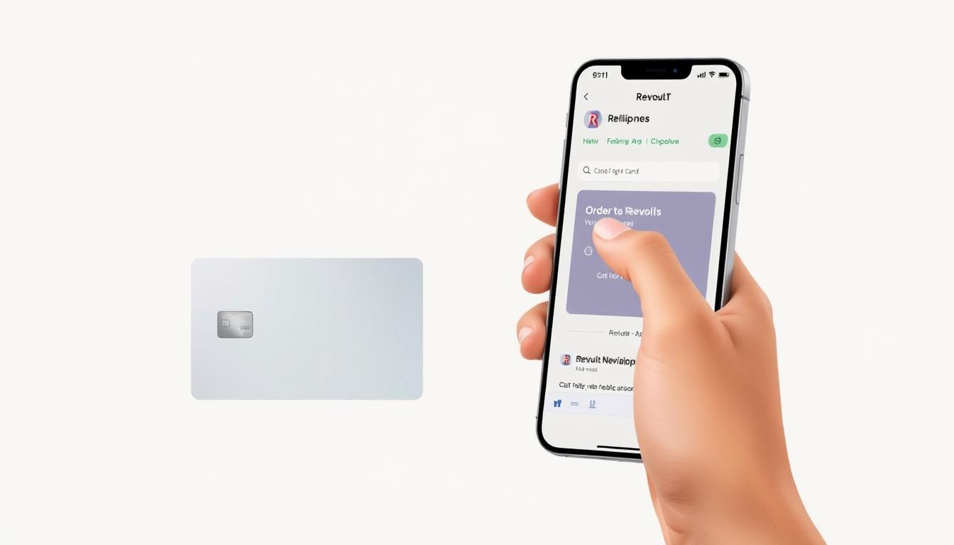 A modern, minimalist illustration showcasing the process of ordering and activating a Revolut card in the Philippines. In the foreground, a hand holds a sleek, silver Revolut card against a neutral background, highlighting its simplistic design. The middle ground features a smartphone displaying the Revolut mobile app, with clean and intuitive user interface elements. The background subtly suggests a Filipino setting, with warm-toned architectural elements or tropical foliage. The overall scene conveys a sense of efficiency, convenience, and the seamless integration of digital banking solutions into the daily lives of Filipinos. Soft, diffused lighting creates a calm, professional atmosphere.