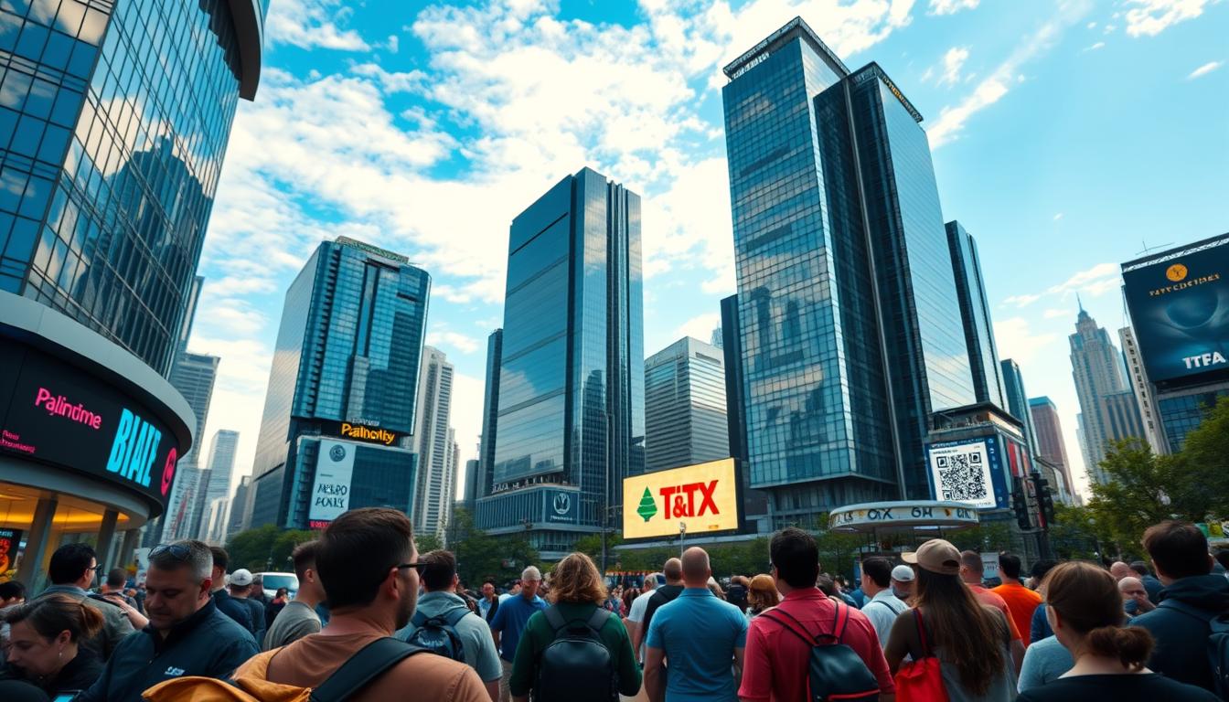 A bustling financial district with towering glass skyscrapers, set against a vibrant blue sky. In the foreground, a diverse array of payment methods are showcased - from contactless cards and mobile wallets to QR codes and cryptocurrency transactions. The scene conveys a sense of efficiency, connectivity, and seamless integration, reflecting the impact of payment diversity on sales and customer satisfaction. Warm, diffused lighting highlights the dynamic interplay between technology and commerce, creating an atmosphere of prosperity and progress.