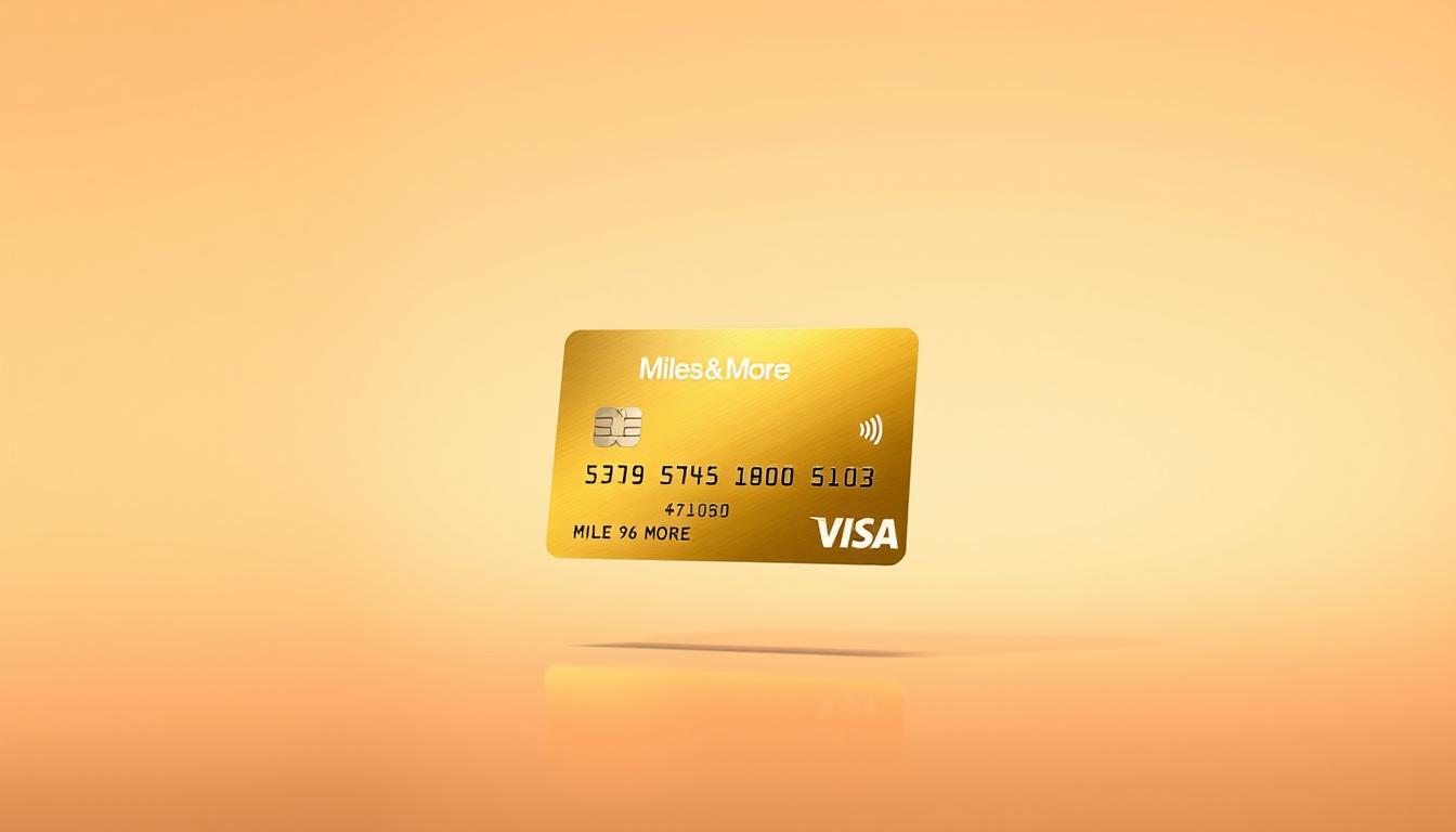A sleek and minimalist rendering of the "Miles & More Visa Gold" card, captured against a soft, gradient background. The card is centered in the frame, showcasing its metallic gold finish and the distinct Miles & More branding. The lighting is warm and diffused, creating a refined, premium aesthetic. The angle is slightly elevated, giving the image a sense of importance and authority. The overall composition exudes a sense of luxury and exclusivity, perfectly fitting the subject matter and the section title.