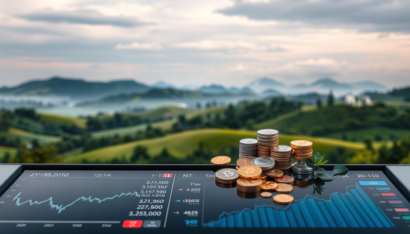 A serene landscape of rolling hills and lush greenery, punctuated by a well-balanced portfolio of financial assets. In the foreground, a sophisticated dashboard displaying fluctuating currency exchange rates, reflecting the dynamic nature of the global economy. The midground features a diverse array of investment options, including precious metals, stocks, and bonds, symbolizing the strategic diversification needed to weather currency volatility. In the background, a tranquil sky with soft, diffused lighting, conveying a sense of stability and security amidst the unpredictable financial landscape. The composition exudes an air of thoughtful preparation and prudent risk management, capturing the essence of "Investīcijas kā aizsardzība pret valūtas svārstībām".