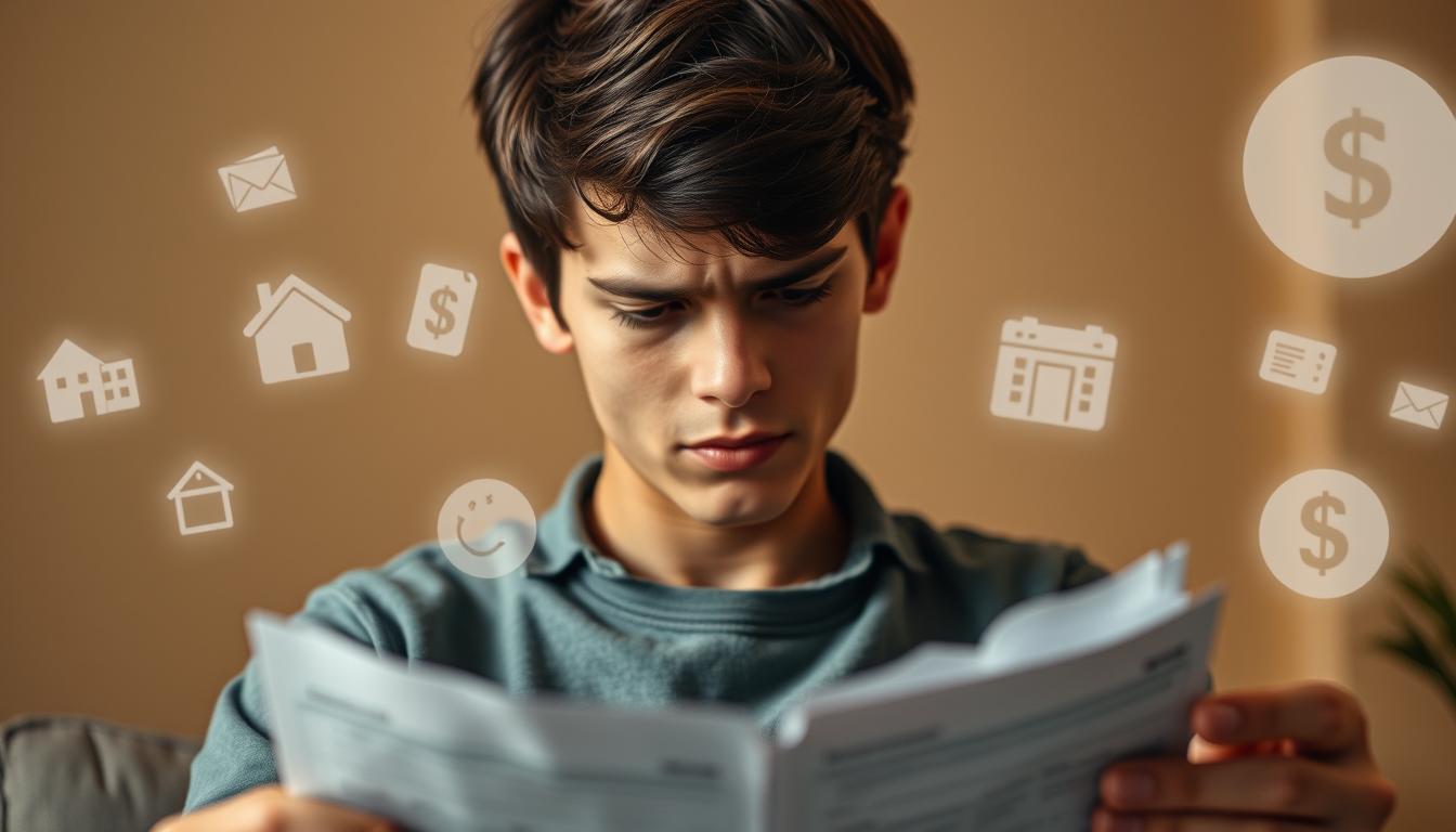 A detailed scene depicting the understanding of debts and loans. In the foreground, a young person is carefully reviewing financial documents, their expression conveying a mix of concentration and concern. In the middle ground, various icons representing different types of loans - mortgage, student, personal - float ethereally, casting soft shadows. The background is a warm, muted palette, evoking a sense of thoughtfulness and introspection. Soft lighting from an unseen source illuminates the scene, creating a sense of depth and atmosphere. The overall mood is one of contemplation and financial awareness, capturing the essence of responsible money management.