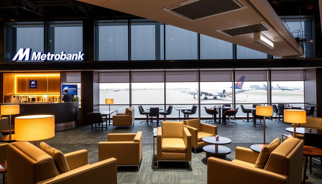A modern, well-appointed airport lounge with plush seating, warm lighting, and an expansive view of the tarmac through floor-to-ceiling windows. The Metrobank logo prominently displayed on the walls, signifying exclusive access for cardholders. Sleek, contemporary furnishings create a cozy, sophisticated atmosphere, with various amenities such as a self-serve bar, snacks, and workstations available. The scene evokes a sense of comfort and relaxation, an oasis of tranquility amidst the bustle of the airport. A harmonious blend of functionality and luxury, catering to the discerning traveler seeking a premium airport experience.