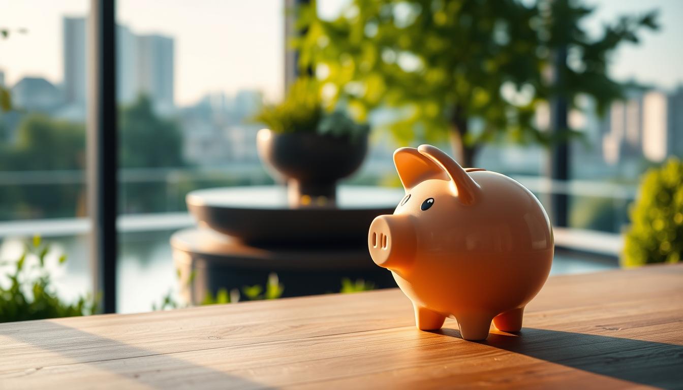 A serene and tranquil scene of a Danish pension savings plan. In the foreground, a stylized piggy bank sits atop a wooden table, casting a warm, golden glow. In the middle ground, lush greenery and a calming water feature create a sense of financial security and growth. The background is a softly blurred cityscape, hinting at the vibrant economic landscape of Denmark. The lighting is soft and diffused, conveying a sense of stability and reliability. The overall composition is balanced and harmonious, reflecting the importance of pension planning in achieving financial freedom.