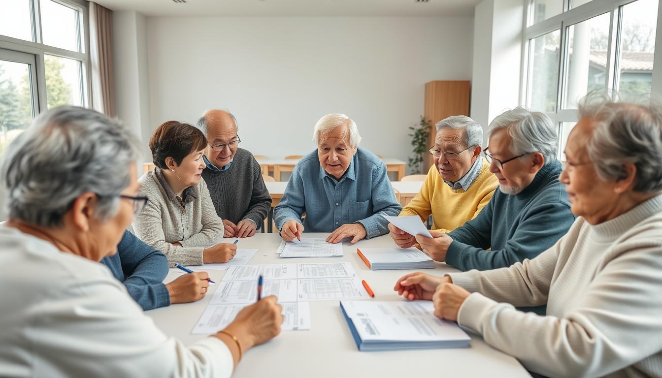 A well-lit, wide-angle photograph of a group of senior citizens gathered around a table, discussing and reviewing documents related to the South Korean national pension system, known as "기초연금". The scene takes place in a modern, airy community center, with large windows letting in natural light. The elderly individuals appear engaged, some holding pens and papers, while others gesticulate animatedly. The overall mood is one of informative discussion and community support, reflecting the "사회복지·의료 지원 제도와 연계하기" section of the article.