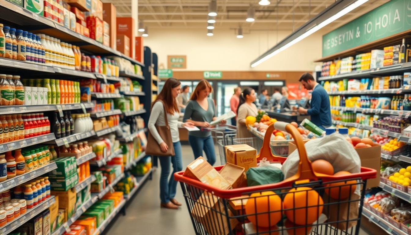 A cozy, well-lit grocery store interior, with shelves stocked with a variety of everyday household items and fresh produce. In the foreground, a shopper's basket is filled with common grocery staples such as bread, milk, eggs, and fruits and vegetables. In the middle ground, other shoppers move through the aisles, examining items and placing them in their carts. The background features the checkout counters, with friendly cashiers assisting customers. The scene has a warm, inviting atmosphere, conveying the routine and essential nature of these daily shopping trips.