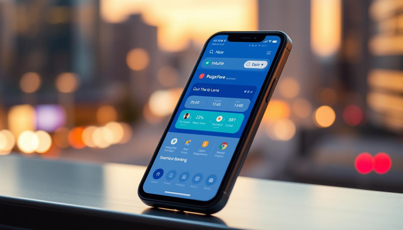 An ultramodern mobile banking app interface displayed on a sleek, edge-to-edge smartphone screen. The app's intuitive design showcases a clean, minimalist layout with vibrant color accents, crisp typography, and intuitive icons that guide the user through seamless banking transactions. Soft ambient lighting casts a warm glow across the scene, creating a sense of sophistication and technological advancement. The background fades into a blurred, out-of-focus cityscape, emphasizing the device and the app's central role in modern financial management. The overall impression is one of a powerful, user-friendly tool that empowers consumers to take control of their financial lives with the convenience of cutting-edge mobile technology.