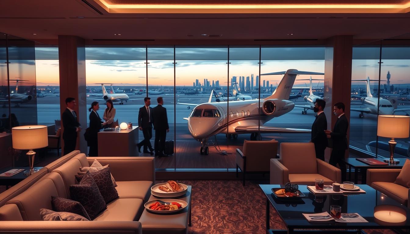 A luxurious travel scene featuring exclusive passenger privileges. In the foreground, a first-class airport lounge with plush seating, gourmet catering, and attentive staff catering to the needs of discerning travelers. The middle ground showcases an elegant private jet, its sleek exterior gleaming under soft, warm lighting. In the background, a panoramic view of a bustling international airport, with the silhouettes of skyscrapers and aircraft in the distance. The overall atmosphere conveys a sense of exclusivity, comfort, and elevated experiences reserved for those with premium travel status.