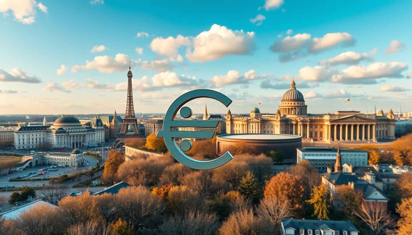 A majestic panoramic view of the European continent, with various countries represented by their distinct architectural styles and landmarks. In the foreground, a central focus on the Euro symbol, radiating an aura of sophistication and economic integration. The middle ground showcases a diverse array of national icons, from the Eiffel Tower of France to the Reichstag of Germany, symbolizing the shared experience of eurozone membership. The background gently fades into a serene, cloud-dotted sky, conveying a sense of stability and unity. Crisp, high-resolution photography with warm, golden-hour lighting, captured through a wide-angle lens to encompass the grandeur of the scene.