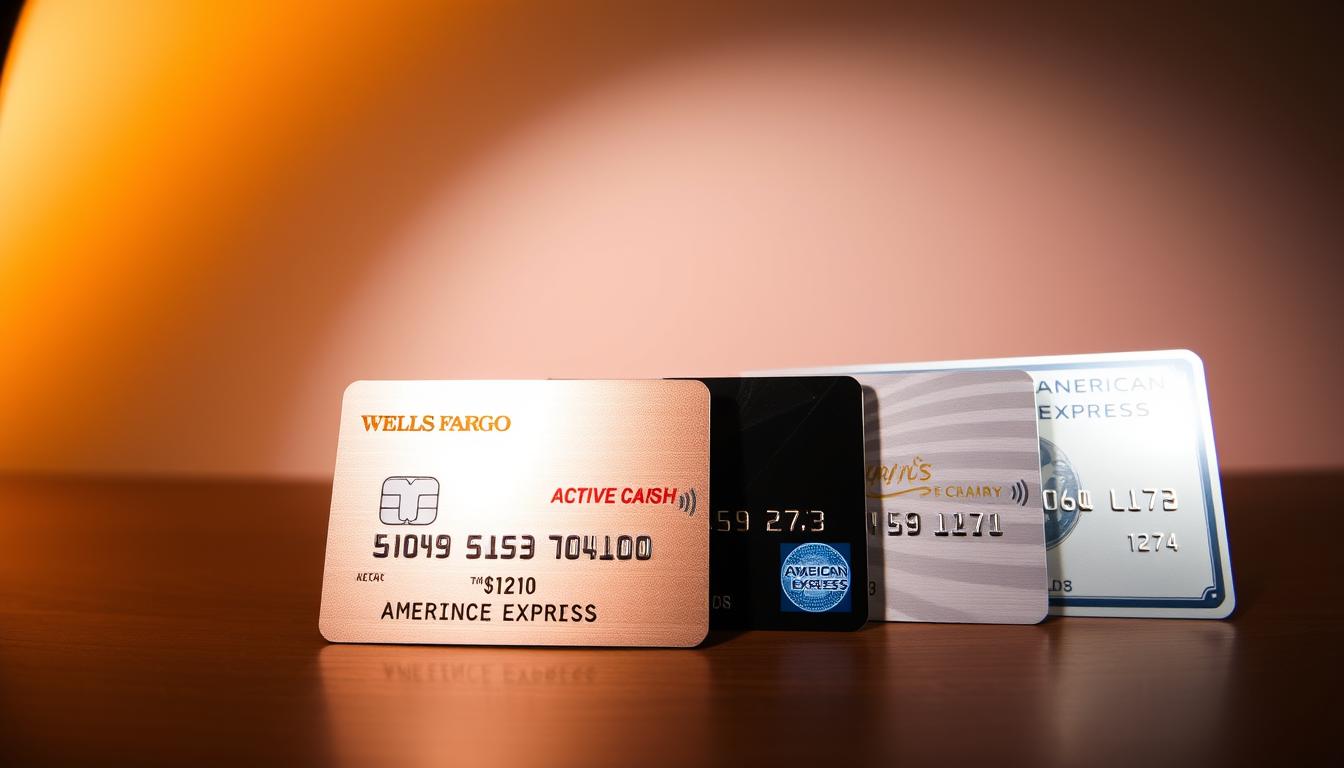 A visually striking card comparison scene, captured with a wide-angle lens and dramatic lighting. In the foreground, four credit cards - Wells Fargo Active Cash, a Visa, a Mastercard, and an American Express - are neatly arranged, their metallic surfaces reflecting the warm, ambient glow. The middle ground features a clean, minimalist background, with a subtle gradient that adds depth and visual interest. The overall composition emphasizes the cards' design, materiality, and the clear distinction between the featured product and its competitors. The mood is one of sophistication, attention to detail, and a sense of financial savvy.